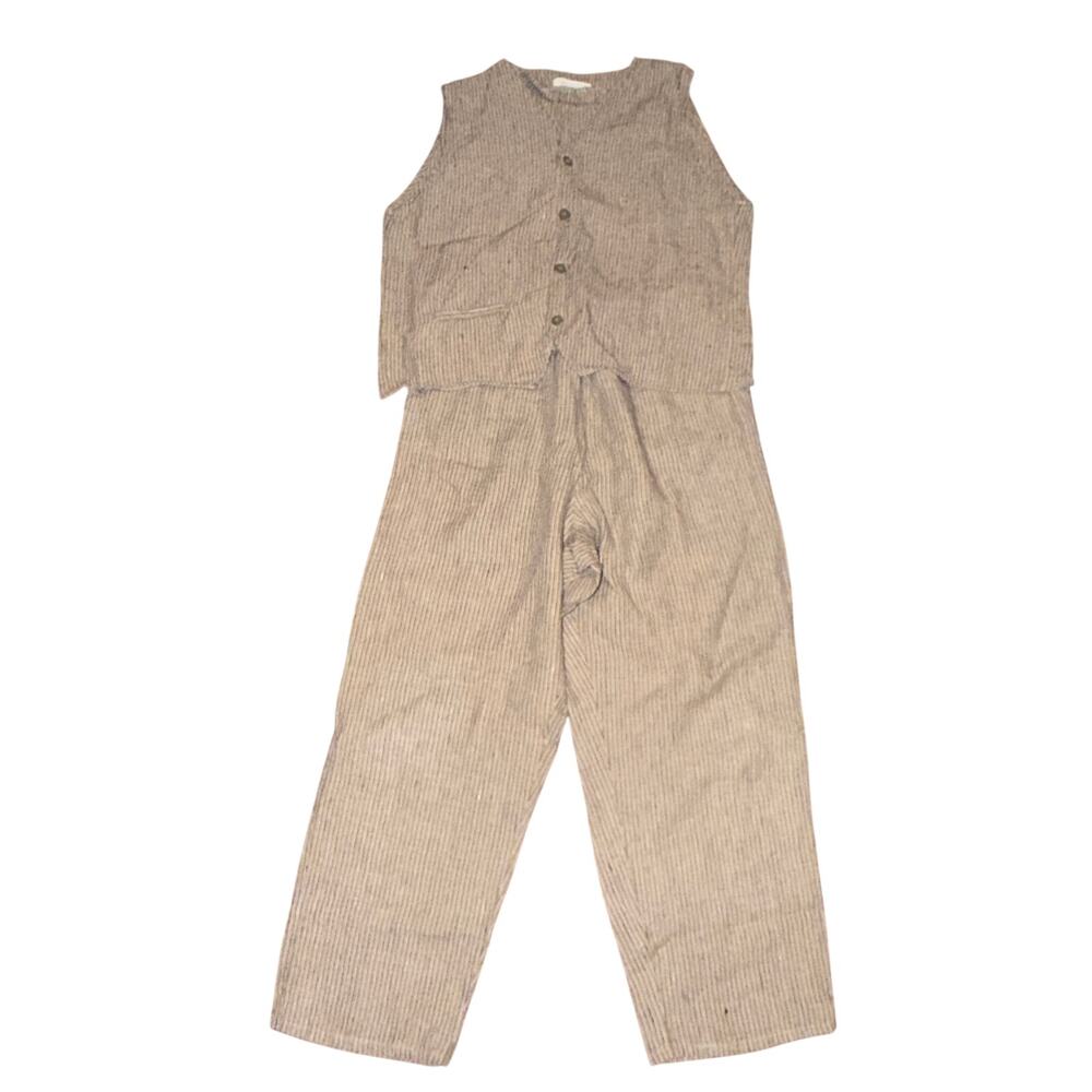 Flax Button Front Sleeveless Top And Pants Set Women's Size M Multi Stripe Linen